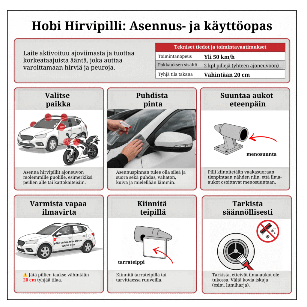 Hirvipillin asennusohje ajoneuvoon – kiinnitys, suuntaus ja 20 cm vapaa ilmavirta